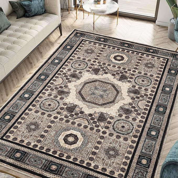 Keen Home Design 5x7 Rug - Machine Washable Area Rug with Non-Slip Backing, Ideal for Living Room, Dining Room, Bedroom - Vintage, Easy Clean, Durable, Low Pile Rug - (5' x 7')
