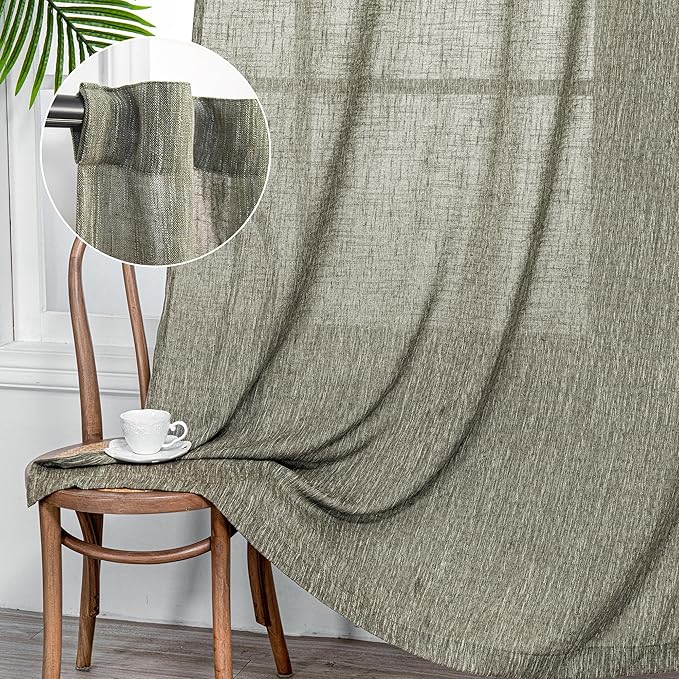 MYSKY HOME 90 Inches Long Living Room Curtains Farmhouse Light Filtering Privacy Curtain Drapes for Patio Door, Linen Look Texture Fabric Bohemian Draperies Soft Touch, 50x90, Olive Green, 2 Panels