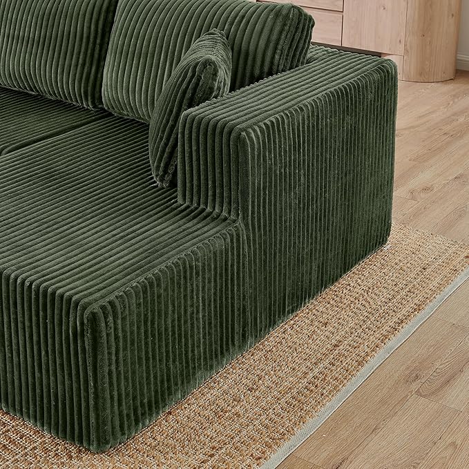 HYJT-H&K Modular Sectional Sofa Cloud Secttional Couch, 132" Comfy U Shaped Couches for Living Room, Deep Seat Memory Foam Fluffy Plush Corduroy Boneless Couch Sectionals with Chaise, Green