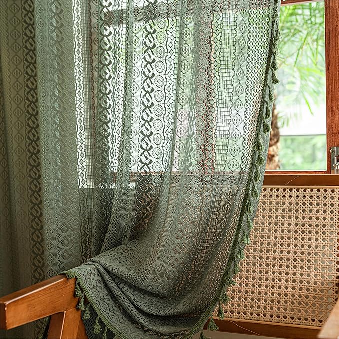 Sutuo Home Boho Curtains 120 inches Long, Crochet Lace Sheer Bohemian Hollow Knitted Cute Tassels, Vintage Farmhouse for Bedroom Living Room Nursery Dining Room, 1 Panel 59" W x 120" L,Olive Green