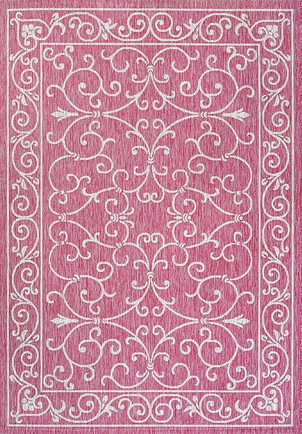 JONATHAN Y Vintage Filigree Indoor Outdoor Area Rug 5X8 Fuchsia/Light Gray, Charleston Textured Weave for Backyard, Patio, Porch, Easy-Cleaning, High Traffic, Pet-Friendly, Non-Shedding (SMB106J-5)