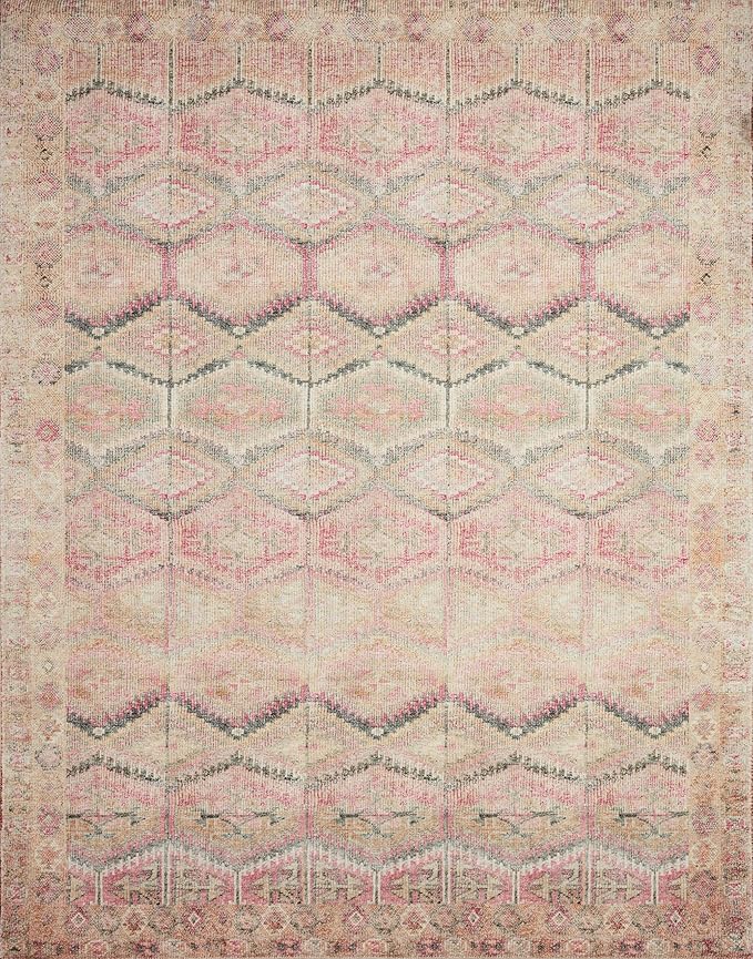 Loloi Layla Collection LAY-17 Pink/Lagoon 2'-0" x 5'-0" .13" Thick Accent Rug, Soft, Durable, Vintage Inspired, Distressed, Low Pile, Non-Shedding, Easy Clean, Printed, Living Room Rug