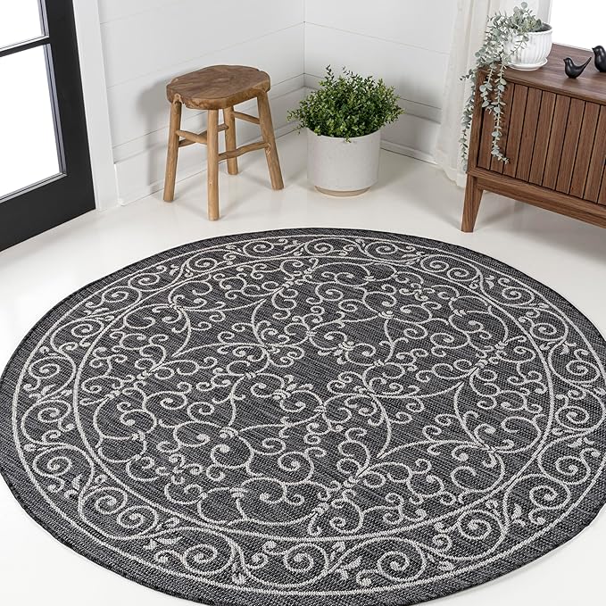 JONATHAN Y Vintage Filigree Indoor Outdoor Round Area Rug 8 Ft Black/Gray, Charleston Textured Weave for Backyard, Patio, Porch, Easy-Cleaning, High Traffic, Pet-Friendly, Non-Shedding (SMB106G-8R)