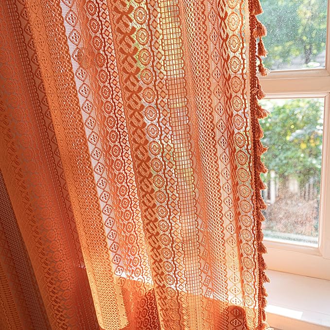 Sutuo Home Terracotta Boho Curtains for Bedroom Living Room, Crochet Lace Sheer Bohemian Style with Tassels,Window Treatment Drapes for Halloween Decor, Rod Pocket 1 Panel 59" W x 108" L, Orange