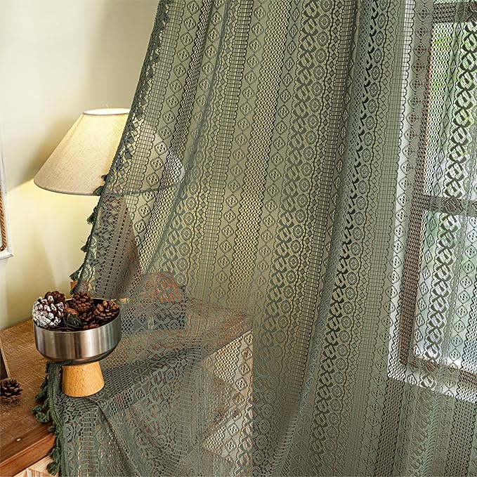 Sutuo Home Olive Green Boho Curtains 90 inches, Crochet Lace Sheer Bohemian Hollow Knitted Handmade Tassels, Privacy Vintage Farmhouse for Bedroom Living Room Easter Decor, 1 Panel 59" W x 90" L