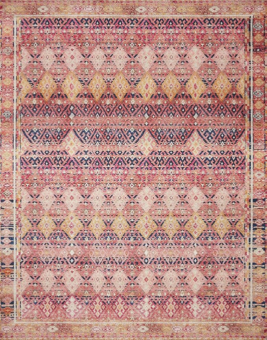 Loloi Layla Collection LAY-15 Magenta/Multi 7'-6" x 9'-6" .13" Thick Area Rug, Soft, Durable, Vintage Inspired, Distressed, Low Pile, Non-Shedding, Easy Clean, Printed, Living Room Rug