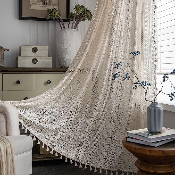 Sutuo Home Boho Curtains Crochet Lace Sheer Bohemian Stylish with Tassels, Window Treatment Privacy Vintage Rustic Farmhouse Drapes for Bedroom Living Room, Rod Pocket 1 Panel 59" W x 102" L, Beige