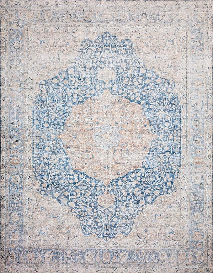 Loloi Layla Collection LAY-07 Blue/Tangerine 9'-0" x 12'-0" .13" Thick Area Rug, Soft, Durable, Vintage Inspired, Distressed, Low Pile, Non-Shedding, Easy Clean, Printed, Living Room Rug