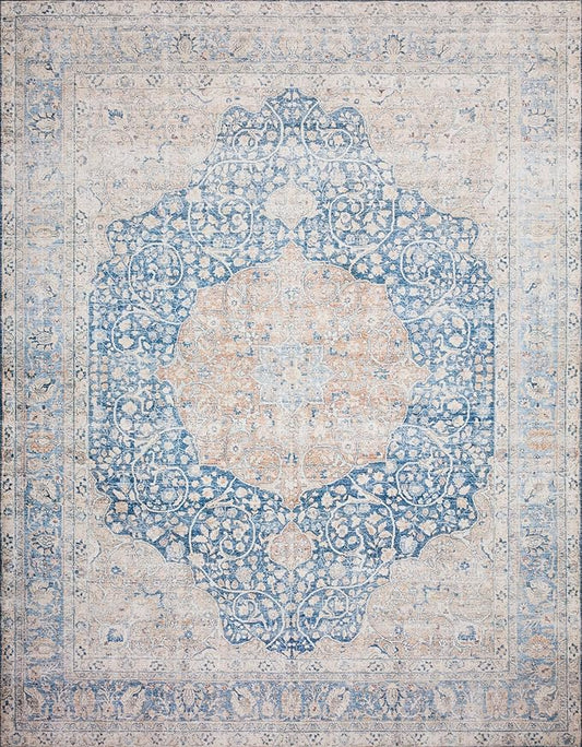 Loloi Layla Collection LAY-07 Blue/Tangerine 9'-0" x 12'-0" .13" Thick Area Rug, Soft, Durable, Vintage Inspired, Distressed, Low Pile, Non-Shedding, Easy Clean, Printed, Living Room Rug