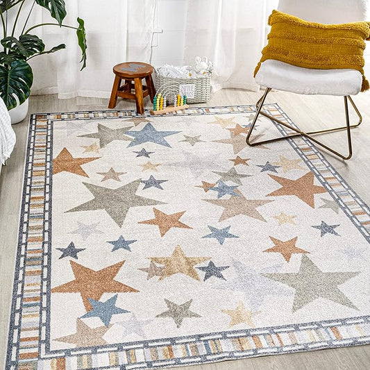 JONATHAN Y Machine-Washable Ivory/Blue/Orange Indoor Area Rug, 4x6, Star Gazer Geometric, Border, Kids & Novelty, Classic, Bedroom, Kitchen, Living Room, Easy-Cleaning, Non-Shedding (KDW100A-4)