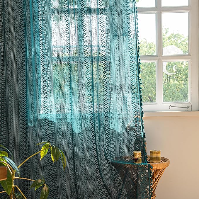 Sutuo Home Boho Curtains 96 inches Long for Bedroom Living Room Nursery Room, Crochet Lace Sheer Bohemian Hollow with Tassels,Window Treatment Drapes, Rod Pocket 1 Panel 59" W x 96" L, Turquoise