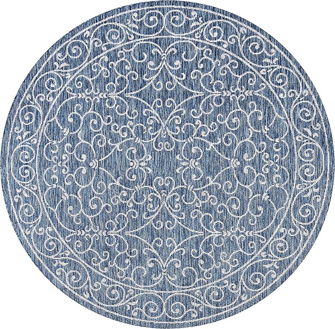 JONATHAN Y Vintage Filigree Indoor Outdoor Round Area Rug 6 Ft Navy/Gray, Charleston Textured Weave for Backyard, Patio, Porch, Easy-Cleaning, High Traffic, Pet-Friendly, Non-Shedding (SMB106D-6R)
