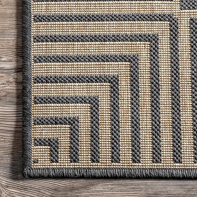 nuLOOM 4' x 6' Outdoor Area Rug, Casual Design With Striped Border, Stain Resistant, Highly Durable, For Patio, Balcony, Bedroom, Living Room, Dining Room, Bathroom, Dark Grey