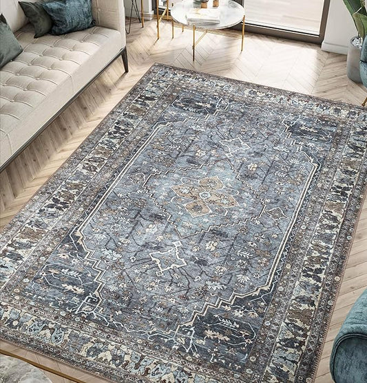 Keen Home Design 8x10 Rug - Machine Washable Area Rug with Non-Slip Backing, Ideal for Living Room, Dining Room, Bedroom - Vintage, Easy Clean, Durable, Low Pile Rug - (8' x 10')