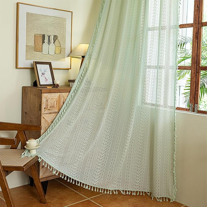 Sutuo Home Boho Sheer Curtains for Kitchen Kid's Room,Crochet Lace Bohemian Hollow Knitted Handmade Tassels Window Treatment Vintage Chic Rod Pocket Farmhouse Drapes, 1 Panel 59" W x 63" L, Mint Green