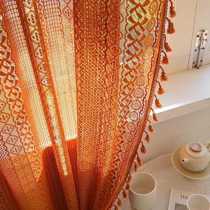 Sutuo Home Burnt Orange Boho Curtains 84 inches Long for Bedroom Living Room, Terracotta Crochet Lace Sheer Bohemian Hollow Knitted Tassels,Window Treatment Drapes Fall Decor, 1 Panel 59" W x 84" L