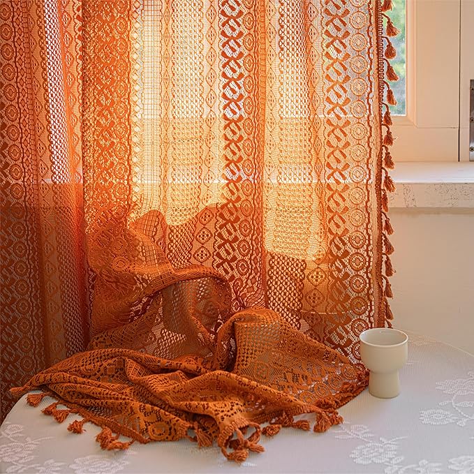 Sutuo Home Burnt Orange Boho Curtains 84 inches Long for Bedroom Living Room, Terracotta Crochet Lace Sheer Bohemian Hollow Knitted Tassels,Window Treatment Drapes Fall Decor, 1 Panel 59" W x 84" L