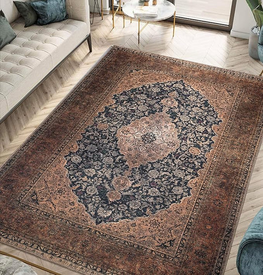 Keen Home Design 5x7 Rug - Machine Washable Area Rug with Non-Slip Backing, Ideal for Living Room, Dining Room, Bedroom - Vintage, Easy Clean, Durable, Low Pile Rug - (5' x 7')