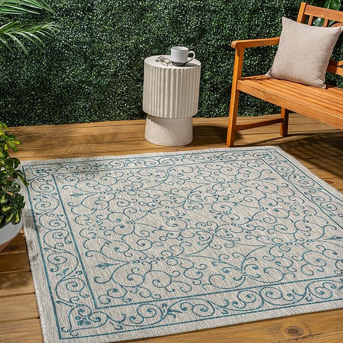 JONATHAN Y Vintage Filigree Indoor Outdoor Square Area Rug 9X9 Gray/Teal, Charleston Textured Weave for Backyard, Patio, Porch, Easy-Cleaning, High Traffic, Pet-Friendly, Non-Shedding (SMB106E-9SQ)