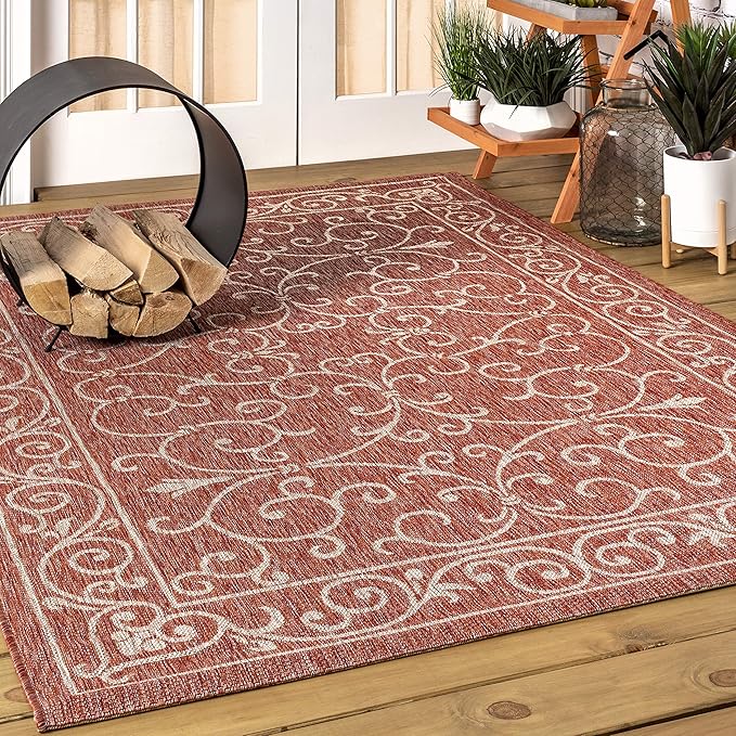 JONATHAN Y Vintage Filigree Indoor Outdoor Area Rug 3X5 Red/Beige, Charleston Textured Weave for Backyard, Patio, Porch, Easy-Cleaning, High Traffic, Pet-Friendly, Non-Shedding (SMB106B-3)