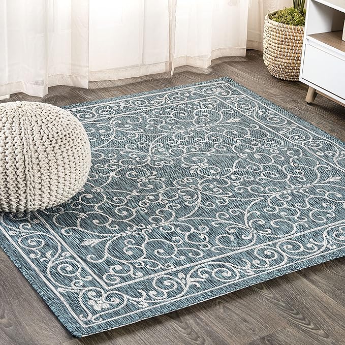 JONATHAN Y Vintage Filigree Indoor Outdoor Square Area Rug 6X6 Teal/Gray, Charleston Textured Weave for Backyard, Patio, Porch, Easy-Cleaning, High Traffic, Pet-Friendly, Non-Shedding (SMB106F-6SQ)