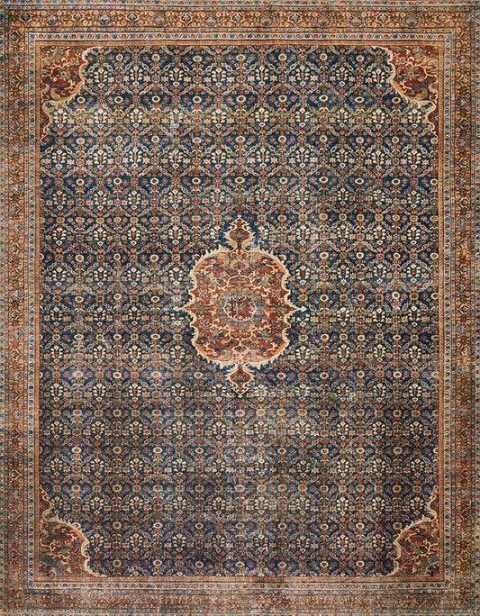 Loloi Layla Collection LAY-09 Cobalt Blue/Spice 9'-0" x 12'-0" .13" Thick Area Rug, Soft, Durable, Vintage Inspired, Distressed, Low Pile, Non-Shedding, Easy Clean, Printed, Living Room Rug