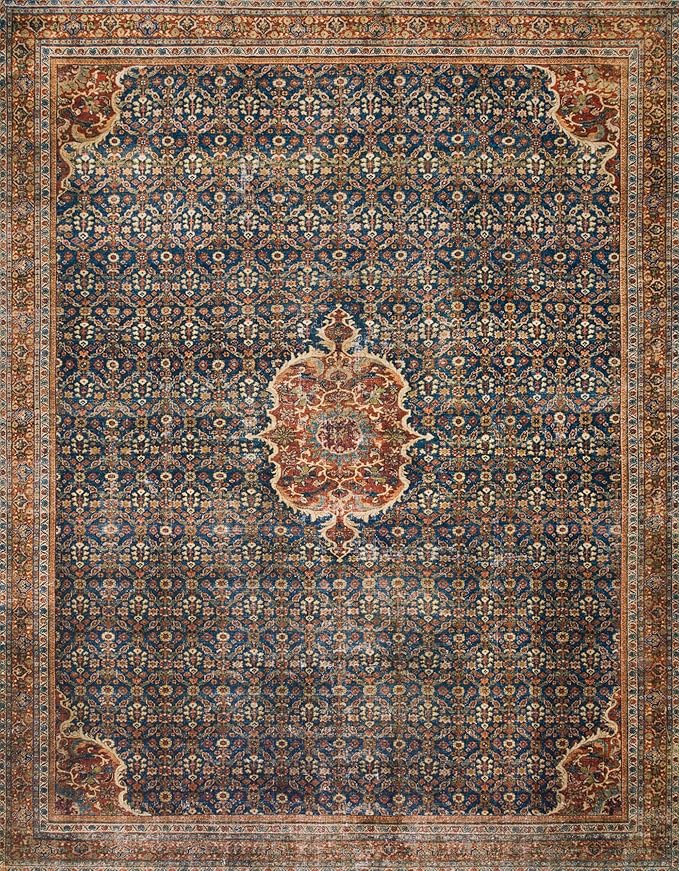 Loloi Layla Collection LAY-09 Cobalt Blue/Spice 2'-0" x 5'-0" .13" Thick Accent Rug, Soft, Durable, Vintage Inspired, Distressed, Low Pile, Non-Shedding, Easy Clean, Printed, Living Room Rug