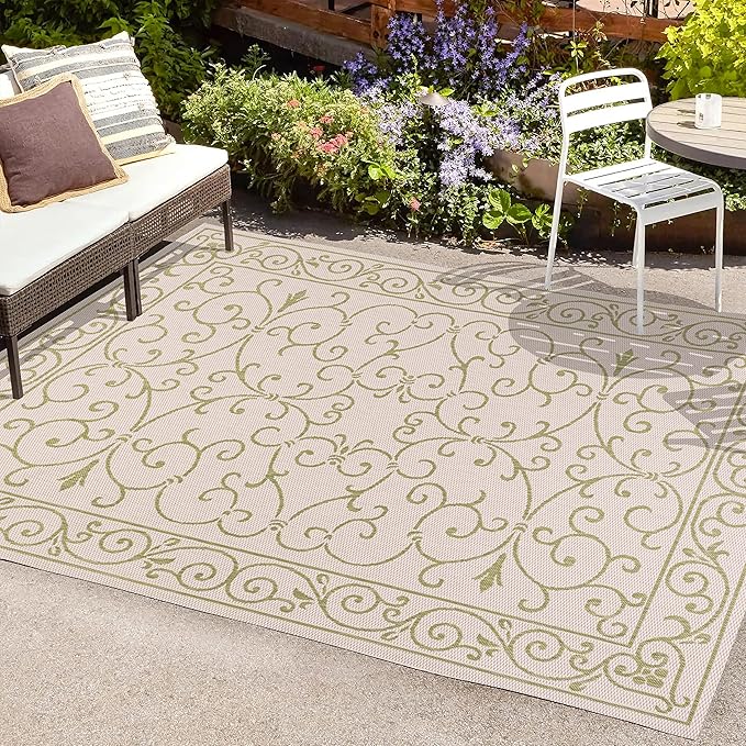 JONATHAN Y Vintage Filigree Indoor Outdoor Area Rug 5X8 Cream/Green, Charleston Textured Weave for Backyard, Patio, Porch, Easy-Cleaning, High Traffic, Pet-Friendly, Non-Shedding (SMB106I-5)