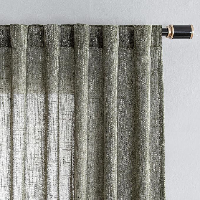 MYSKY HOME Living Room Curtains 84 Inches Long Semi Sheer Light Filtering Privacy Drapes Linen Look Textured Boho Home Decor, Backdrop Curtain for Parties, 100" x 84", Olive Green, 1 Panel