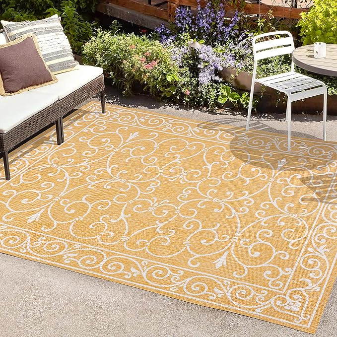 JONATHAN Y Vintage Filigree Indoor Outdoor Area Rug 9X12 Yellow/Cream, Charleston Textured Weave for Backyard, Patio, Porch, Easy-Cleaning, High Traffic, Pet-Friendly, Non-Shedding (SMB106L-9)
