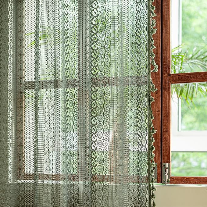 Sutuo Home Boho Curtains for Bedroom Living Room 72 inches Long, Crochet Lace Sheer Bohemian Hollow Knitted with Tassels, Privacy Vintage Farmhouse, Rod Pocket 1 Panel 59" W x 72" L,Olive Green