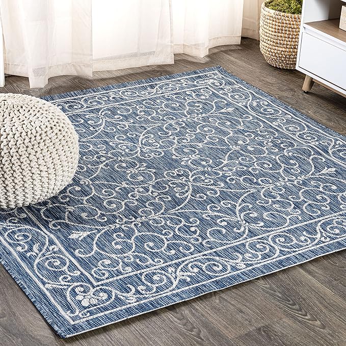 JONATHAN Y Vintage Filigree Indoor Outdoor Square Area Rug 8X8 Navy/Gray, Charleston Textured Weave for Backyard, Patio, Porch, Easy-Cleaning, High Traffic, Pet-Friendly, Non-Shedding (SMB106D-8SQ)