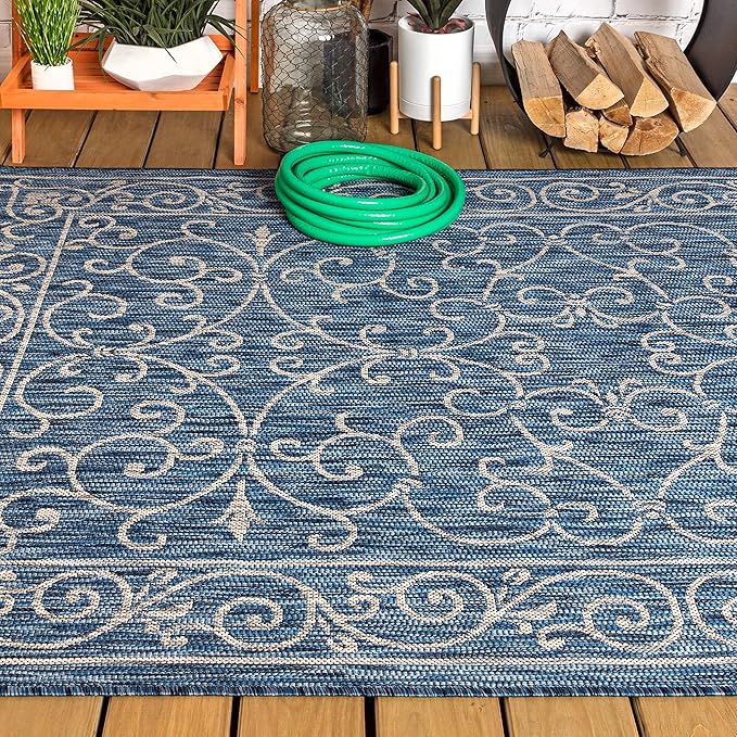 JONATHAN Y Vintage Filigree Indoor Outdoor Area Rug 3X5 Navy/Gray, Charleston Textured Weave for Backyard, Patio, Porch, Easy-Cleaning, High Traffic, Pet-Friendly, Non-Shedding (SMB106D-3)