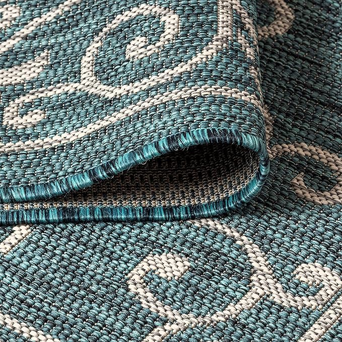 JONATHAN Y Vintage Filigree Indoor Outdoor Round Area Rug 8 Ft Teal/Gray, Charleston Textured Weave for Backyard, Patio, Porch, Easy-Cleaning, High Traffic, Pet-Friendly, Non-Shedding (SMB106F-8R)