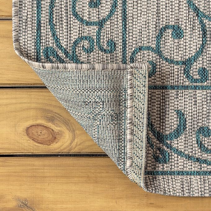 JONATHAN Y Vintage Filigree Indoor Outdoor Round Area Rug 9 Ft Gray/Teal, Charleston Textured Weave for Backyard, Patio, Porch, Easy-Cleaning, High Traffic, Pet-Friendly, Non-Shedding (SMB106E-9R)