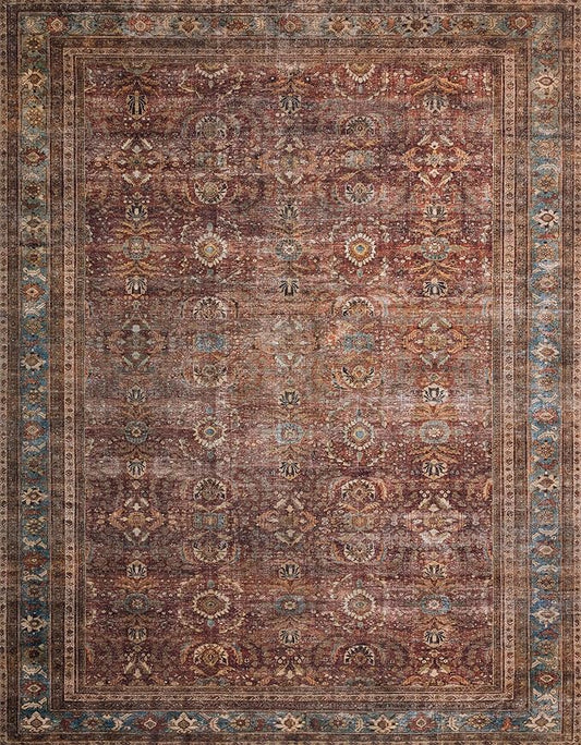 Loloi Layla Collection LAY-01 Brick/Blue 9'-0" x 12'-0" .13" Thick Area Rug, Soft, Durable, Vintage Inspired, Distressed, Low Pile, Non-Shedding, Easy Clean, Printed, Living Room Rug
