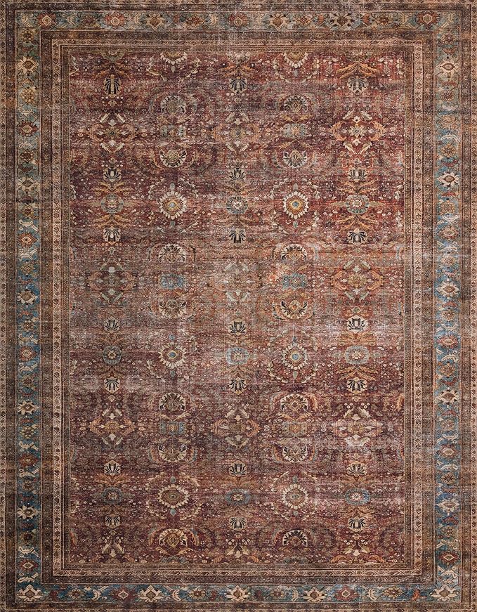 Loloi Layla Collection LAY-01 Brick/Blue 7'-6" x 9'-6" .13" Thick Area Rug, Soft, Durable, Vintage Inspired, Distressed, Low Pile, Non-Shedding, Easy Clean, Printed, Living Room Rug