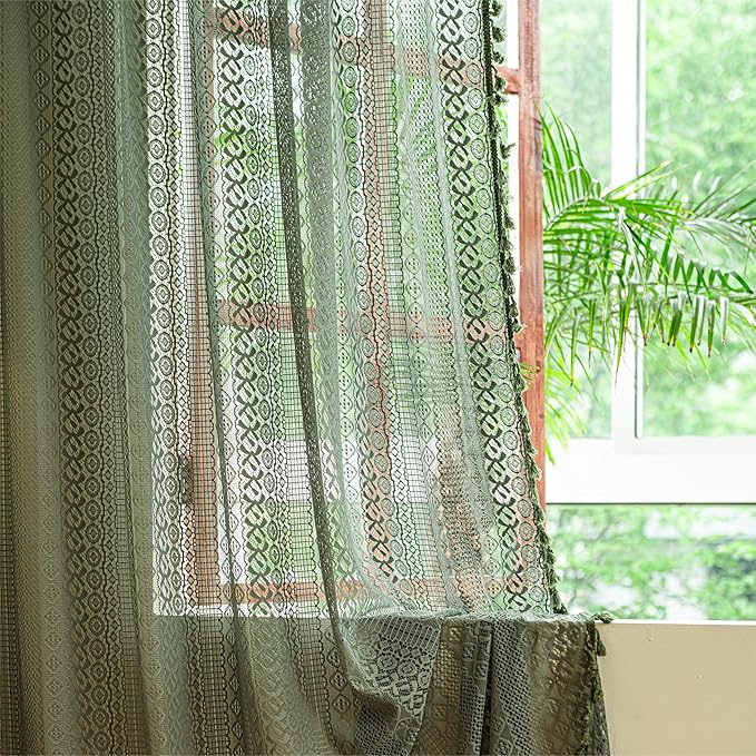 Sutuo Home Boho Curtains for Bedroom Living Room 72 inches Long, Crochet Lace Sheer Bohemian Hollow Knitted with Tassels, Privacy Vintage Farmhouse, Rod Pocket 1 Panel 59" W x 72" L,Olive Green