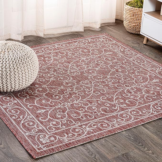 JONATHAN Y Vintage Filigree Indoor Outdoor Square Area Rug 6X6 Red/Beige, Charleston Textured Weave for Backyard, Patio, Porch, Easy-Cleaning, High Traffic, Pet-Friendly, Non-Shedding (SMB106B-6SQ)
