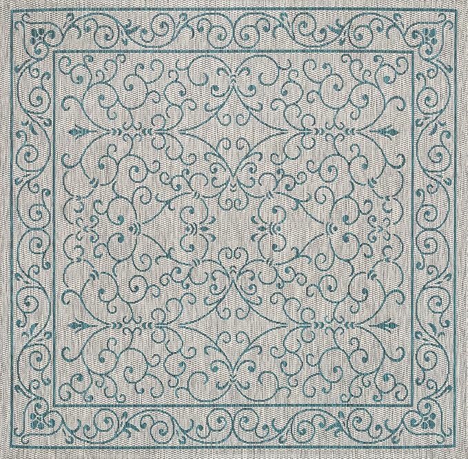 JONATHAN Y Vintage Filigree Indoor Outdoor Square Area Rug 9X9 Gray/Teal, Charleston Textured Weave for Backyard, Patio, Porch, Easy-Cleaning, High Traffic, Pet-Friendly, Non-Shedding (SMB106E-9SQ)