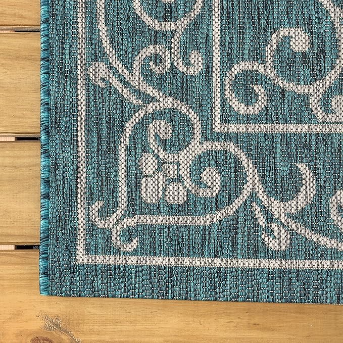 JONATHAN Y Vintage Filigree Indoor Outdoor Round Area Rug 8 Ft Teal/Gray, Charleston Textured Weave for Backyard, Patio, Porch, Easy-Cleaning, High Traffic, Pet-Friendly, Non-Shedding (SMB106F-8R)