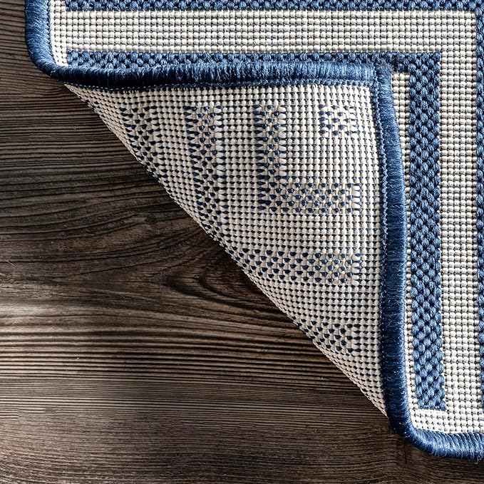 nuLOOM 10' x 12' Outdoor Area Rug, Casual Design With Striped Border, Stain Resistant, Highly Durable, For Patio, Balcony, Bedroom, Living Room, Dining Room, Bathroom, Navy
