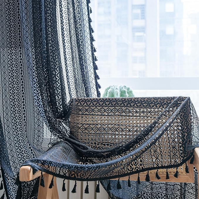 Sutuo Home Black Boho Curtain for Halloween Decor, Sheer Crochet Lace Handmade Tassels Knitted Window Treatment Vintage Rustic Bohemian Farmhouse Drape for Bedroom Rod Pocket 1 Panel 59" W x 96" L