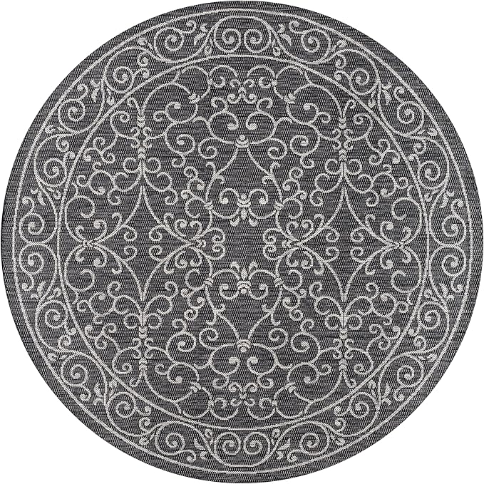 JONATHAN Y Vintage Filigree Indoor Outdoor Round Area Rug 8 Ft Black/Gray, Charleston Textured Weave for Backyard, Patio, Porch, Easy-Cleaning, High Traffic, Pet-Friendly, Non-Shedding (SMB106G-8R)
