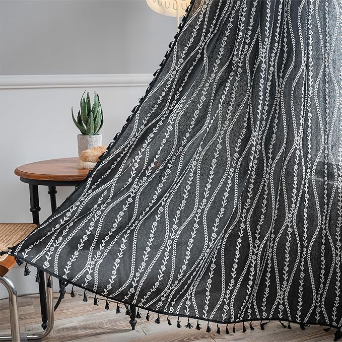 Sutuo Home Boho Curtains 96 Inches Long for Bedroom Living Room Kitchen, Stripe Floral Bohemian Tassels Country Window Treatment Drape for Halloween Decorations Rod Pocket, 1 Panel 59"W x 96"L,Black