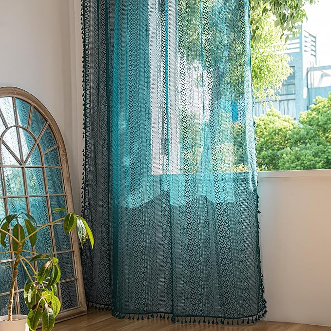 Sutuo Home Boho Curtains 120 inches for Bedroom Dining Room Patio Doorway, Crochet Lace Sheer Bohemian Extra Long with Tassels,Window Treatment Drape, Single 1 Panel 59" W x 120" L, Turquoise