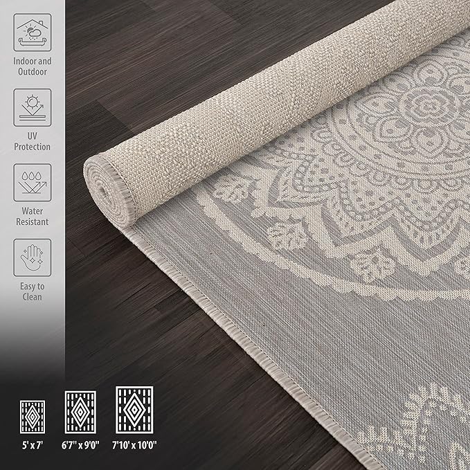 CAMILSON Outdoor Rug 6x9 Modern Area Rugs for Indoor and Outdoor Patios and Porches - Waterproof, Washable, Non-Shedding, Easy-to-Clean Outside Carpet (6 x 9, Medallion - Grey/White)