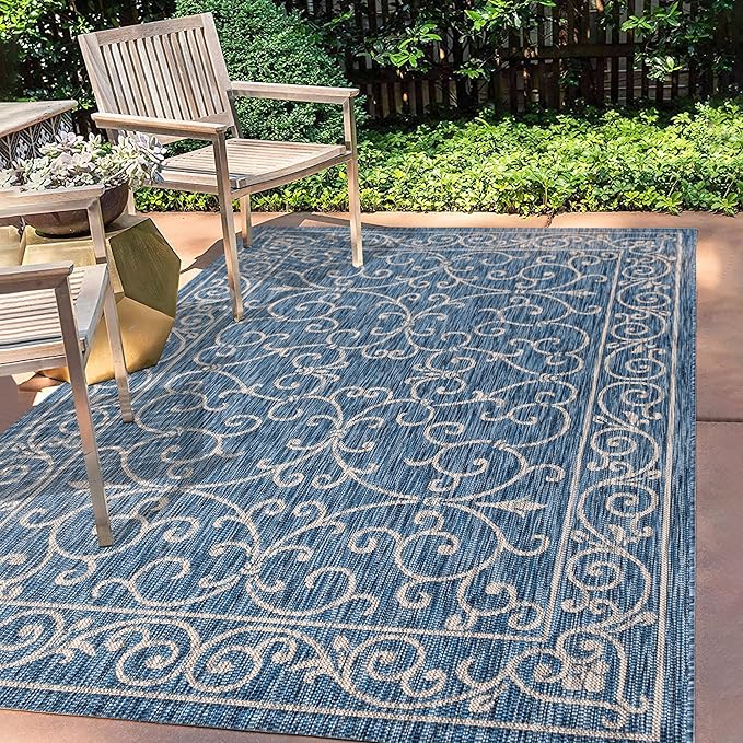 JONATHAN Y Vintage Filigree Indoor Outdoor Area Rug 9X12 Navy/Gray, Charleston Textured Weave for Backyard, Patio, Porch, Easy-Cleaning, High Traffic, Pet-Friendly, Non-Shedding (SMB106D-9)