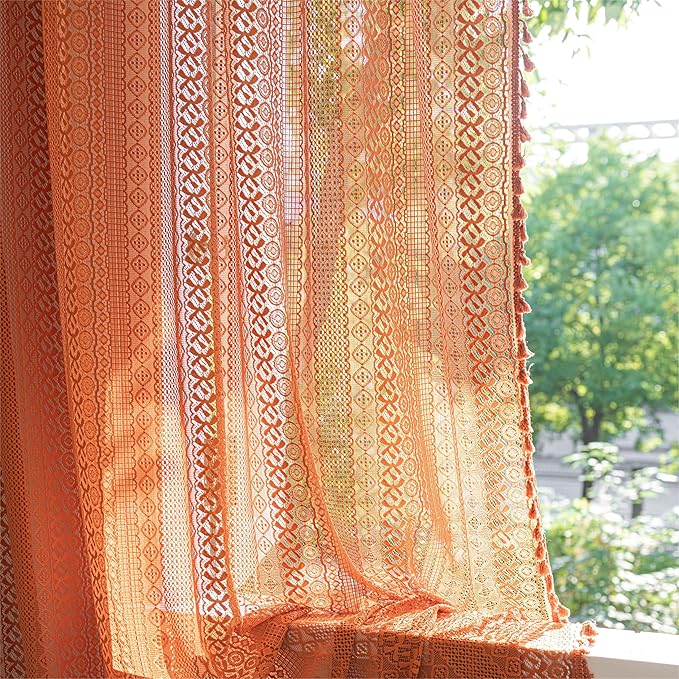 Sutuo Home Burnt Orange Boho Curtains 84 inches Long for Bedroom Living Room, Terracotta Crochet Lace Sheer Bohemian Hollow Knitted Tassels,Window Treatment Drapes Fall Decor, 1 Panel 59" W x 84" L