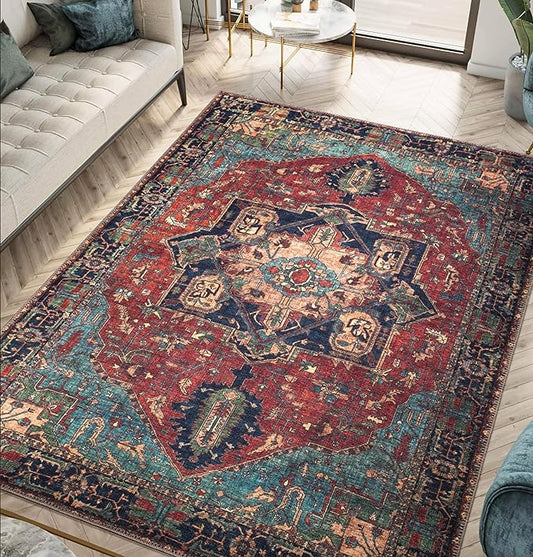 Keen Home Design 6x9 Rug - Machine Washable Area Rug with Non-Slip Backing, Ideal for Living Room, Dining Room, Bedroom - Vintage, Easy Clean, Durable, Low Pile Rug - (6' x 9')